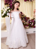 Off Shoulder White Lace Tulle Flower Girl Dress